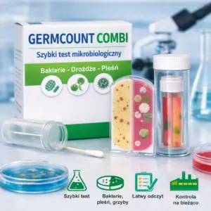 Test mikrobilogiczny Germcount Combi przeznaczony do szybkiej kontroli mikrobiologicznej ogólnej liczby bakterii (TAMC), obecności drożdży i pleśni